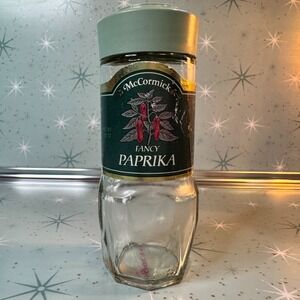 Vintage McCormick Paprika Jar Green Lid & Label Glass Spice Bottle Retro Kitchen